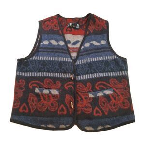 Vintage At Last & Co Womens Large Wool Vest Paisley Wood Buttons Pockets